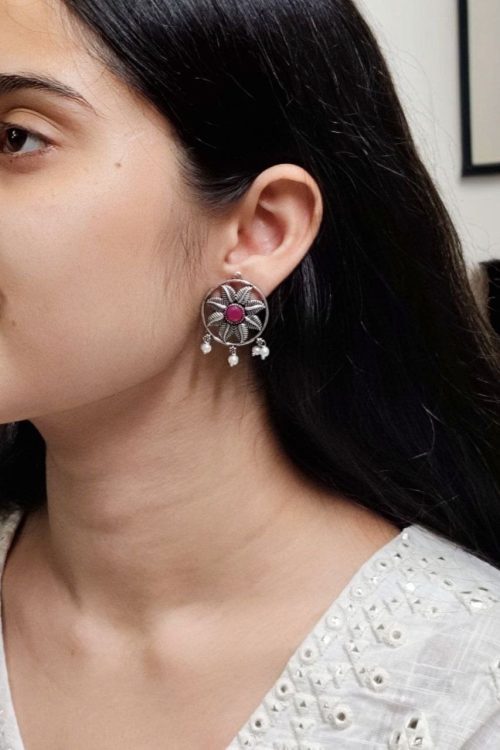 Best Oxidised Leaf Stud Earrings with Pearl & Stone – Silver Plated Jewelry for Women