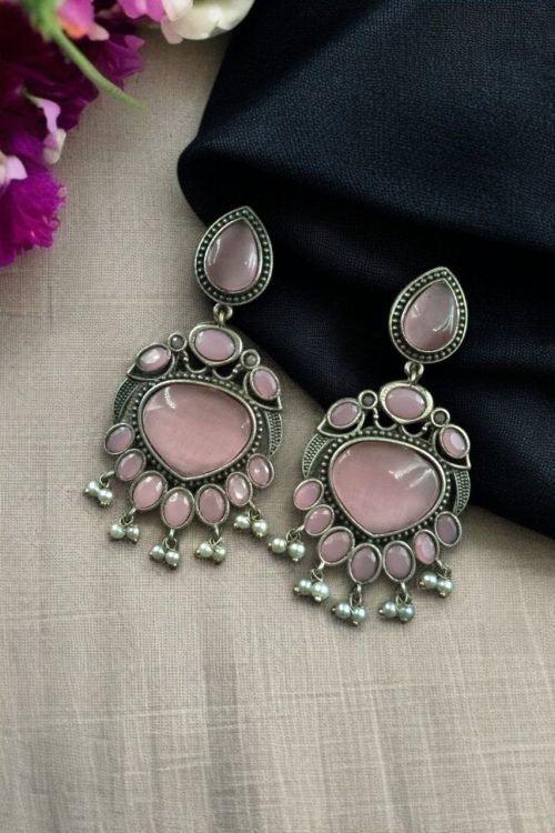 Oxidized bird design silver replica earrings with stone and pearl