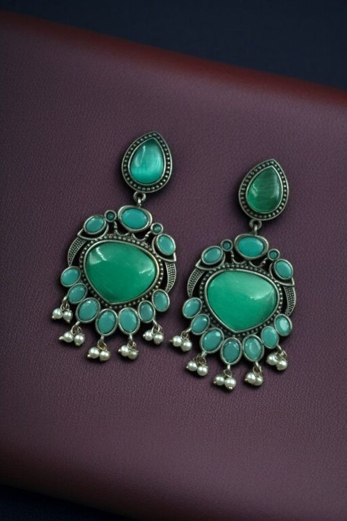 Oxidized bird design silver replica earrings with stone and pearl