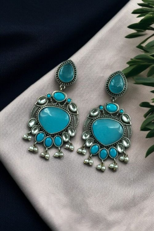 Oxidized bird design silver replica earrings with stone and pearl