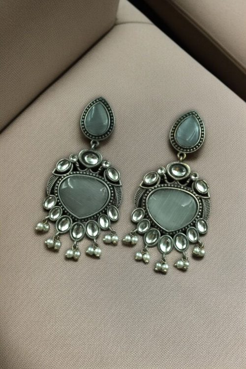 Oxidized bird design silver replica earrings with stone and pearl