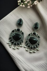 Affordable Oxidized Bird Silver Replica Stone Earrings | Premium Jewelry Gift For Her - color: "Black"
