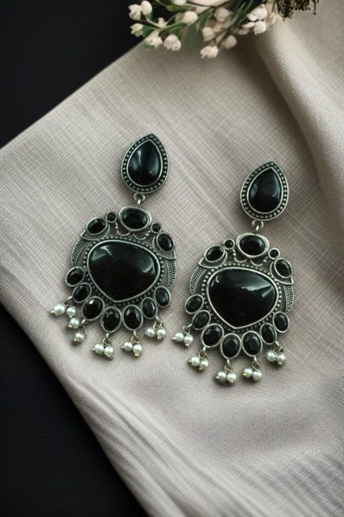 Oxidized bird design silver replica earrings with stone and pearl