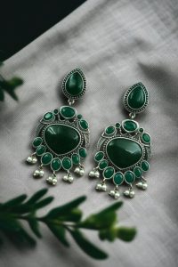 Affordable Oxidized Bird Silver Replica Stone Earrings | Premium Jewelry Gift For Her - color: "Green"