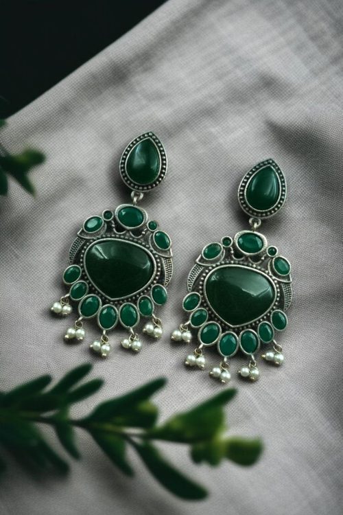 Oxidized bird design silver replica earrings with stone and pearl