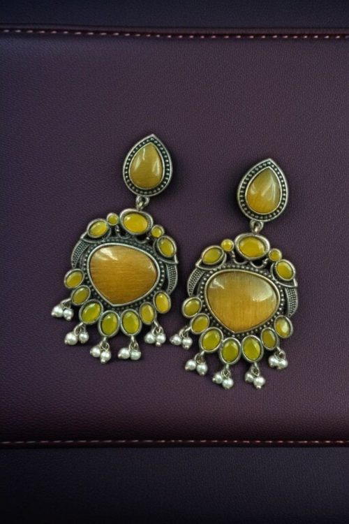 Oxidized bird design silver replica stone earrings with stone and pearl