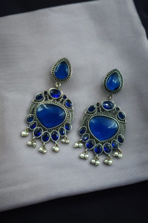 Oxidized bird design silver replica earrings with stone and pearl