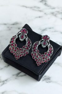 Traditional Silver Replica Stone Dangler Earrings – Oxidized Best Peacock Design Jewelry Gift for Her - color: "Red"