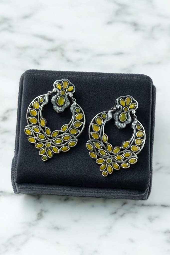 Bulk 970 Traditional Silver Replica Stone Dangler Earrings – Oxidized Best Peacock Design Jewelry Gift for Her - "Yellow"