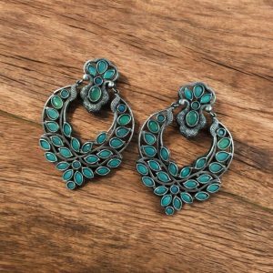 Traditional Silver Replica Stone Dangler Earrings – Oxidized Best Peacock Design Jewelry Gift for Her - color: "Mint"