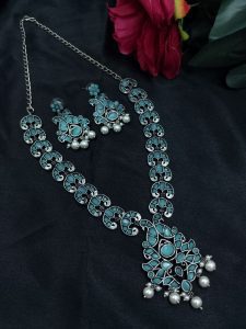 Ethnic Peacock Long Necklace with Stone & Pearl Work – Best Traditional Jewelry For Women - color: "Mint"