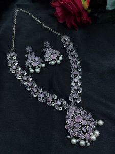 Ethnic Peacock Long Necklace with Stone & Pearl Work – Best Traditional Jewelry For Women - color: "Baby Pink"