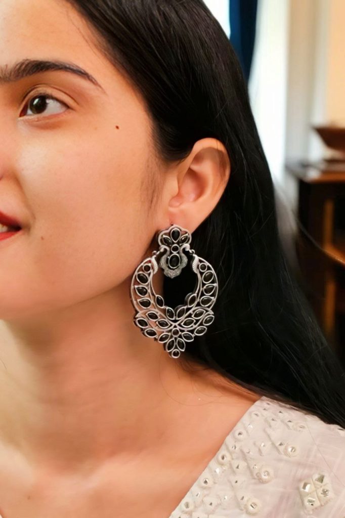 Traditional Silver Replica Stone Dangler Earrings – Oxidized Best Peacock Design Jewelry Gift for Her