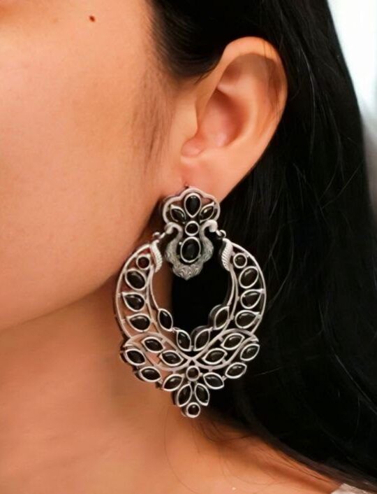 Traditional Silver Replica Stone Dangler Earrings – Oxidized Best Peacock Design Jewelry Gift for Her 1 Oxidized silver replica dangler earrings with peacock design and stone work.