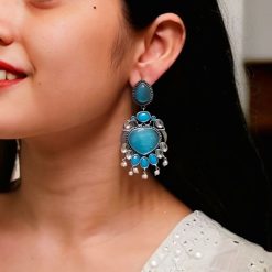 Oxidized bird design silver replica earrings with stone and pearl