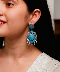 Oxidized bird design silver replica earrings with stone and pearl