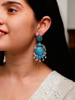 Oxidized bird design silver replica earrings with stone and pearl