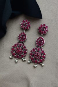 Traditional Long Flower Earrings in Silver Replica Finish – Best Ethnic Dangler Jewelry For Women - color: "Red"
