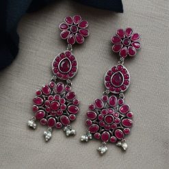 Traditional Long Flower Earrings Silver Replica Dangler Earrings