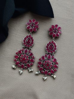 Traditional Long Flower Earrings Silver Replica Dangler Earrings