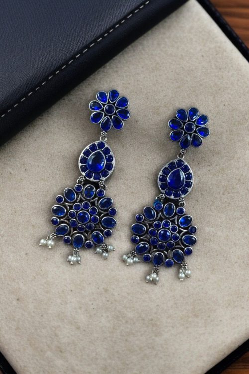 Traditional Long Flower Silver Replica Dangler Earrings