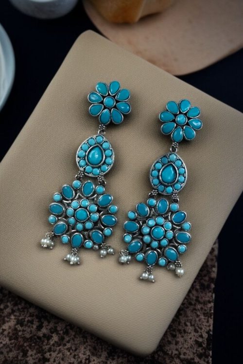 Traditional Long Flower Silver Replica Dangler Earrings