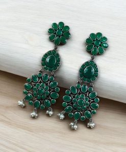 Traditional Long Flower Silver Replica Dangler Earrings