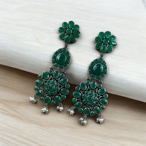 Traditional Long Flower Silver Replica Dangler Earrings