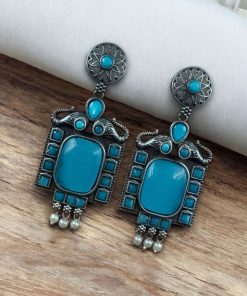 Traditional Elephant Design Earrings with Monalisa Stone and Oxidized Silver Replica Finish