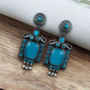 Traditional Elephant Earrings | Silver Replica Oxidized Dangler with Beautiful Monalisa Stone Jewelry - color: "Aqua"