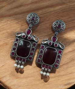 Traditional Elephant Design Earrings with Monalisa Stone and Oxidized Silver Replica Finish