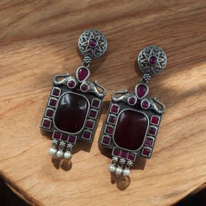 Traditional Elephant Earrings | Silver Replica Oxidized Dangler with Beautiful Monalisa Stone Jewelry - color: "Red"