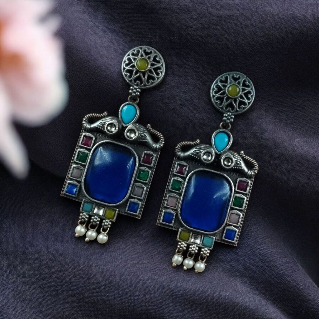 Bulk 950 Traditional Elephant Earrings | Silver Replica Oxidized Dangler with Beautiful Monalisa Stone Jewelry - "Multi"