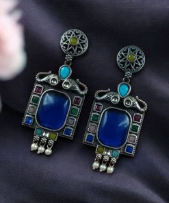 Traditional Elephant Design Earrings with Monalisa Stone and Oxidized Silver Replica Finish