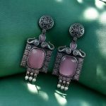 Traditional Elephant Earrings | Silver Replica Oxidized Dangler with Beautiful Monalisa Stone Jewelry - Baby Pink"