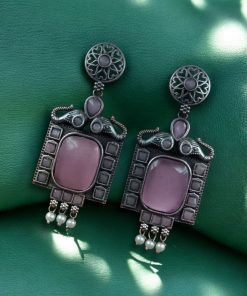 Traditional Elephant Design Earrings with Monalisa Stone and Oxidized Silver Replica Finish