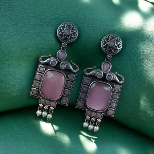 Traditional Elephant Design Earrings with Monalisa Stone and Oxidized Silver Replica Finish