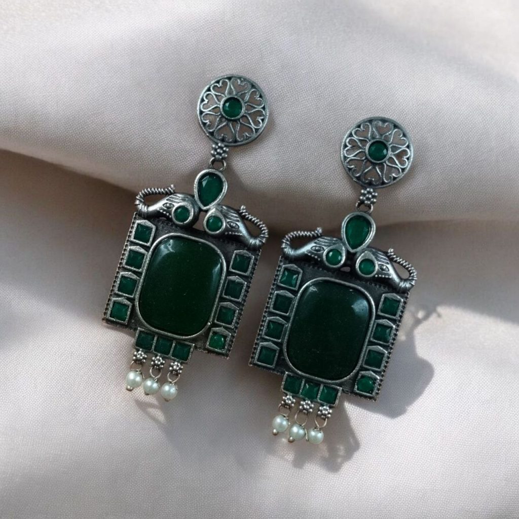 Bulk 936 Traditional Elephant Earrings | Silver Replica Oxidized Dangler with Beautiful Monalisa Stone Jewelry - "Green"