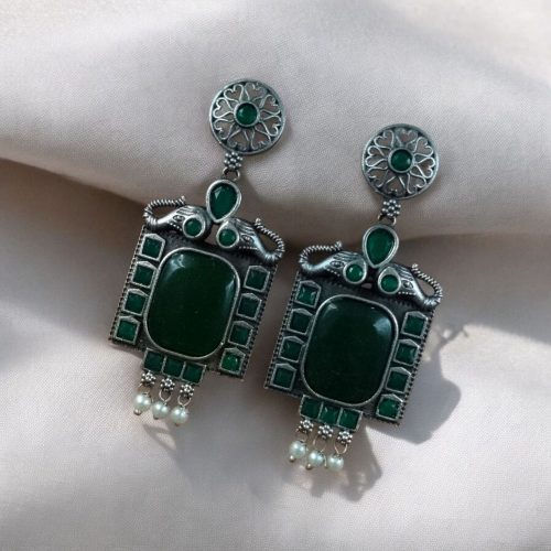 Traditional Elephant Design Earrings with Monalisa Stone and Oxidized Silver Replica Finish