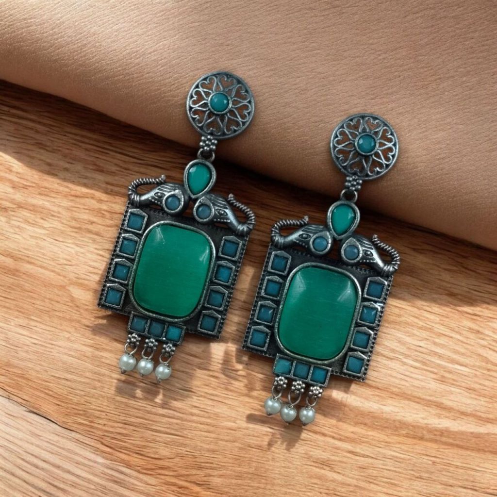 Bulk 930 Traditional Elephant Earrings | Silver Replica Oxidized Dangler with Beautiful Monalisa Stone Jewelry - "Mint"
