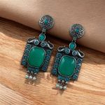 Traditional Elephant Earrings | Silver Replica Oxidized Dangler with Beautiful Monalisa Stone Jewelry - "Mint"