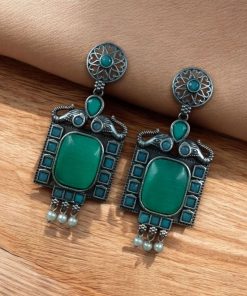 Traditional Elephant Design Earrings with Monalisa Stone and Oxidized Silver Replica Finish
