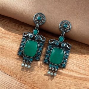 Traditional Elephant Earrings | Silver Replica Oxidized Dangler with Beautiful Monalisa Stone Jewelry - color: "Mint"