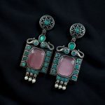 Traditional Elephant Earrings | Silver Replica Oxidized Dangler with Beautiful Monalisa Stone Jewelry - "Baby Pink-Mint"