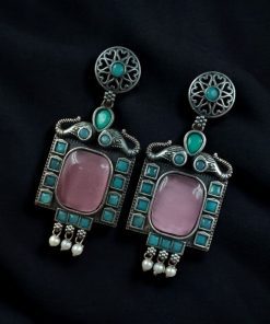 Traditional Elephant Design Earrings with Monalisa Stone and Oxidized Silver Replica Finish