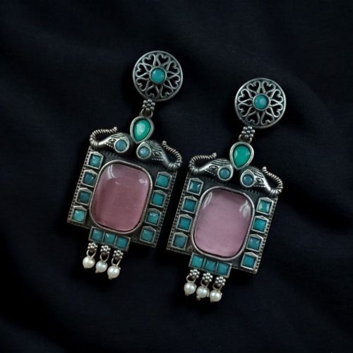 Traditional Elephant Design Earrings with Monalisa Stone and Oxidized Silver Replica Finish