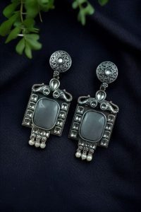 Traditional Elephant Earrings | Silver Replica Oxidized Dangler with Beautiful Monalisa Stone Jewelry - color: "Grey"
