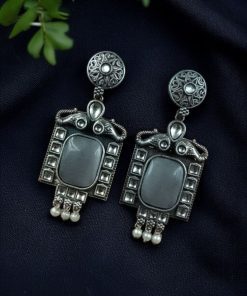 Traditional Elephant Design Earrings with Monalisa Stone and Oxidized Silver Replica Finish