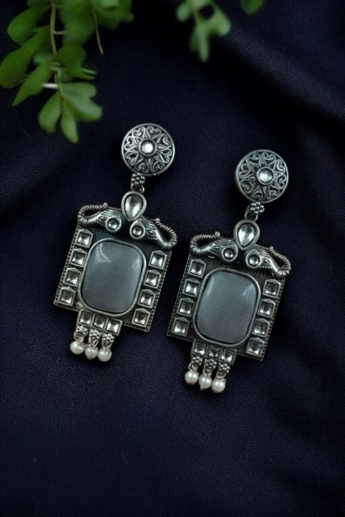 Traditional Elephant Design Earrings with Monalisa Stone and Oxidized Silver Replica Finish