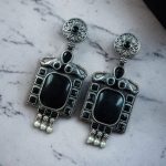 Traditional Elephant Earrings | Silver Replica Oxidized Dangler with Beautiful Monalisa Stone Jewelry - "Black"